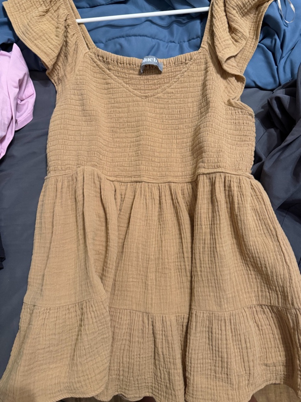 Blue B Smocked Square-Neck Tiered Blouse in Tan